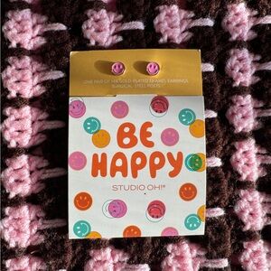 14k Gold Plated Pink Enamel Smiley Face Stud Earrings